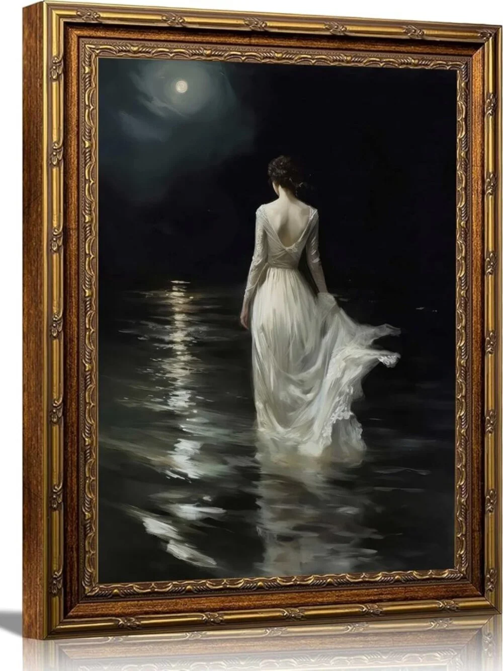 Vintage Gold Framed Wall Art - Victorian Gothic Women Oil Painting, Dark